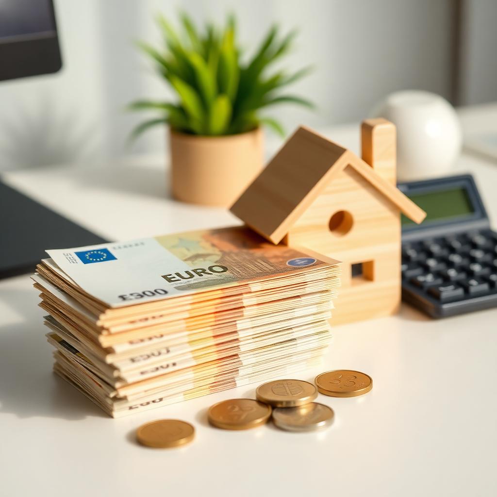 Euro banknotes with wooden house model - buyer costs concept