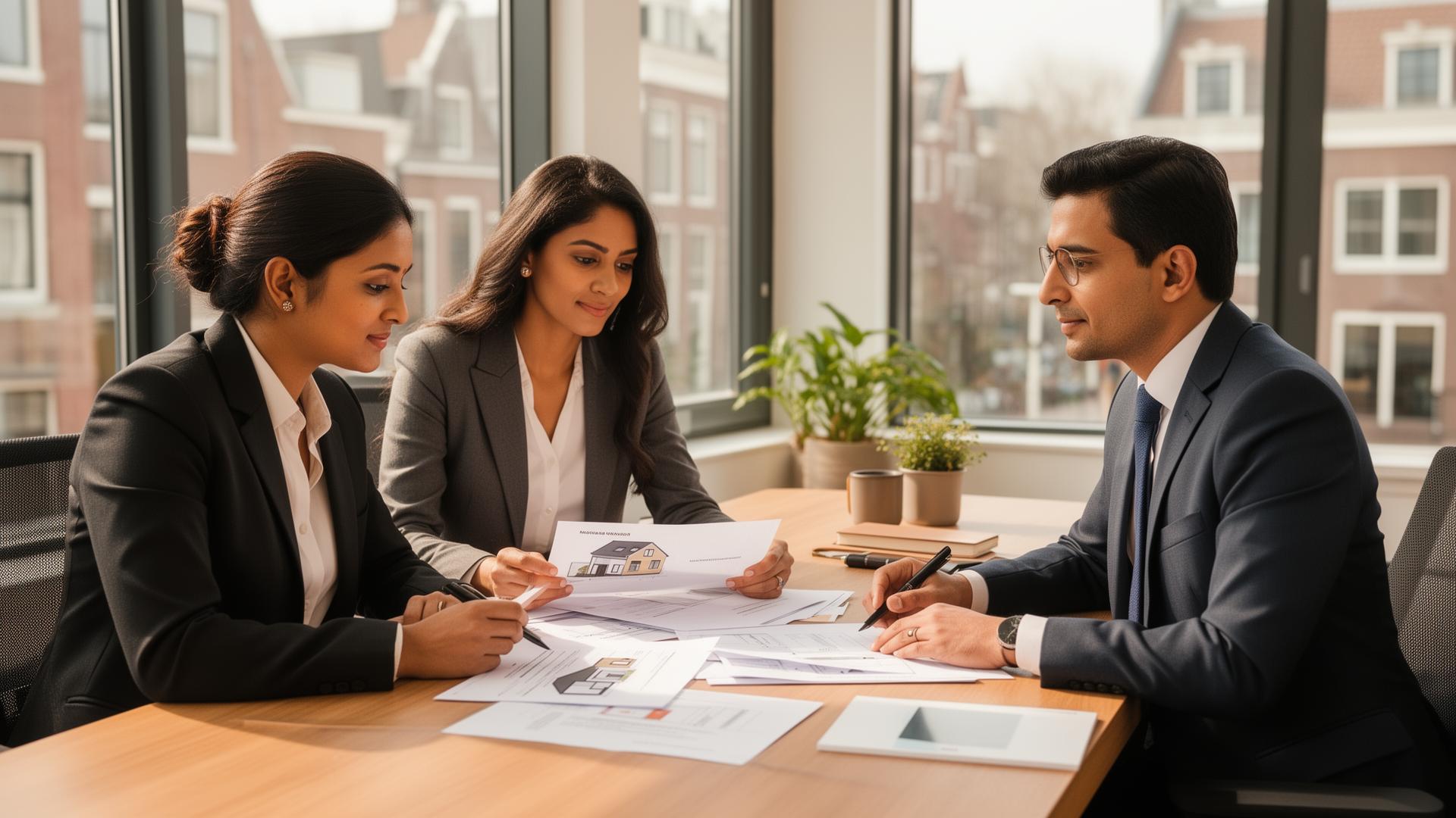 Indian expat professionals reviewing house documents with mortgage advisor in Amsterdam