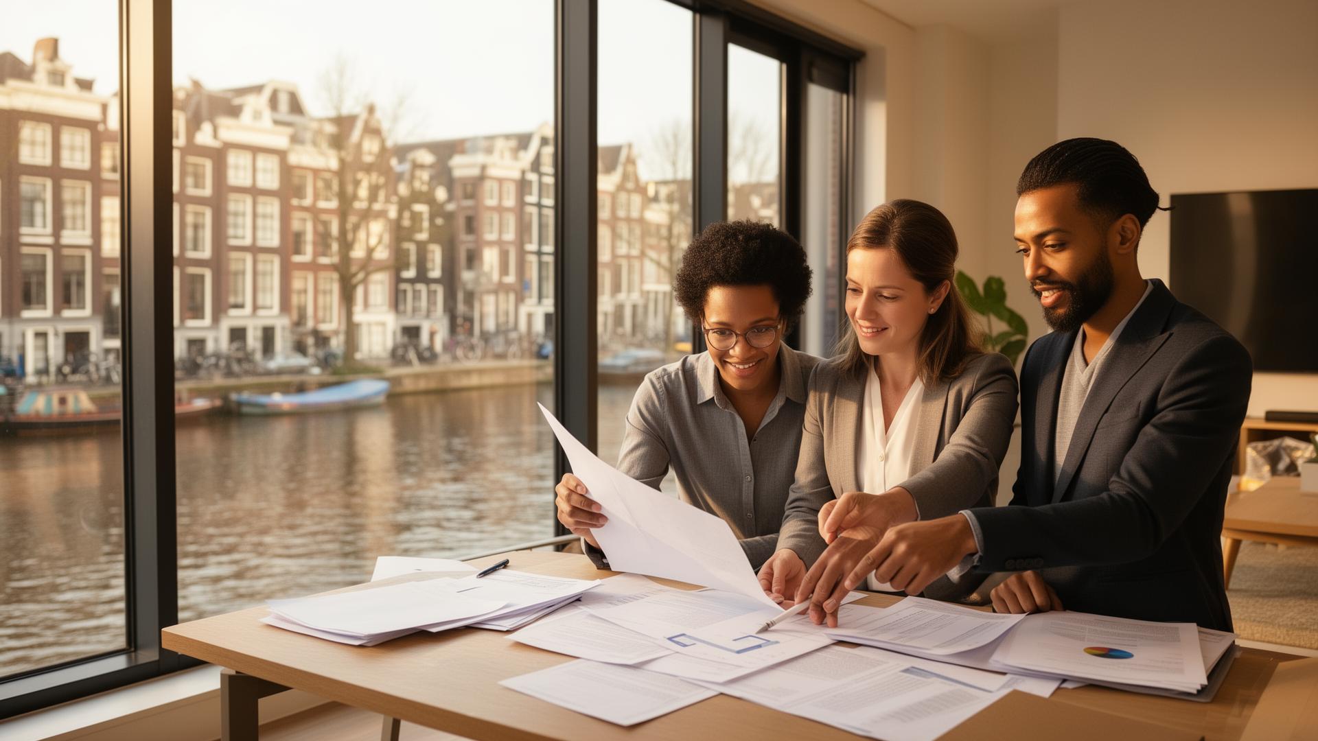 International professionals discussing mortgage documents in Amsterdam